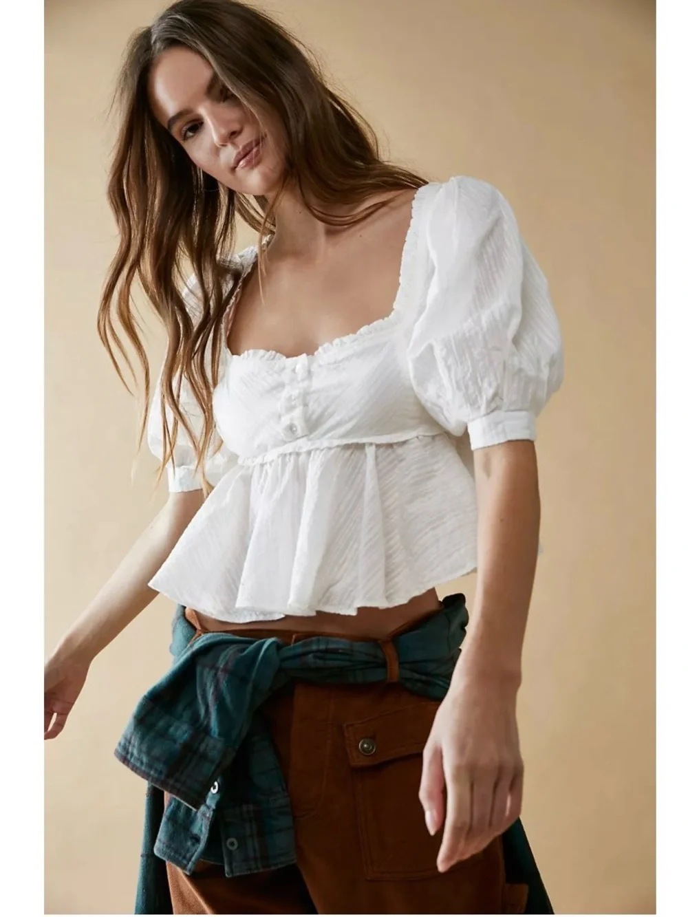 Free People Leave It To Me Top Babydoll Puff Sleeves  Small 100% Cotton